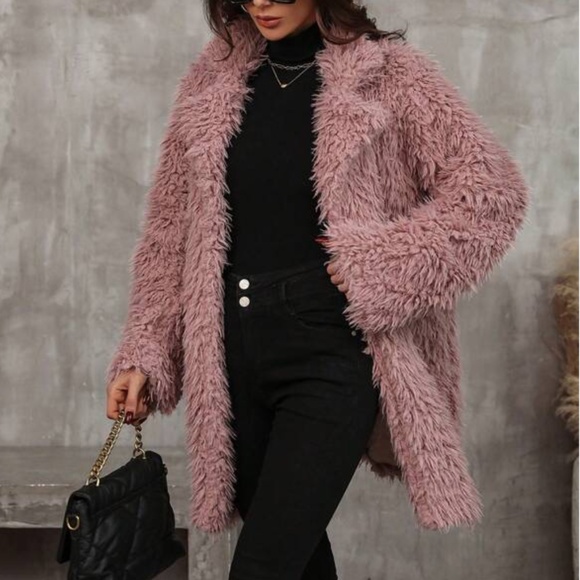 Cozy Pink Fuzzy Open Front Teddy Jacket Coat - Picture 3 of 6